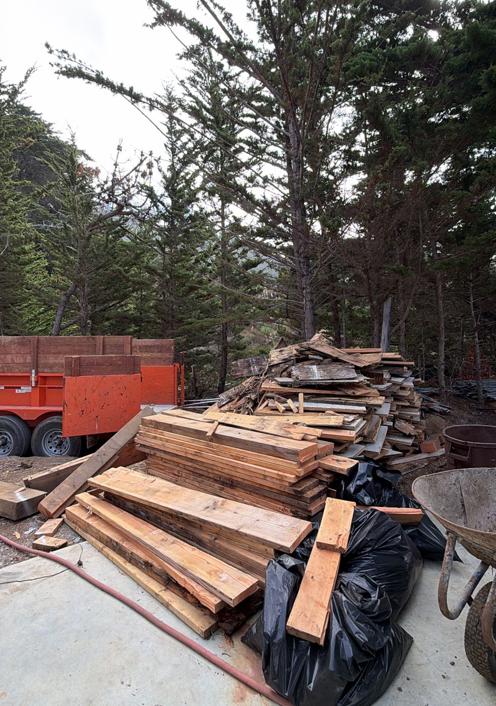 Stacked lumber and debris next to a dump trailer among cypress trees
